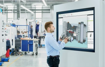 Ein Mann steht in einer Schaltschrankbaufertigung mit realer Klemmenleiste in der Hand und einem digitalen Zwilling der Klemmenleisten auf einem sehr großen Monitor.