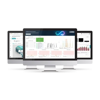 Drei Monitore mit Smart Services Dashboards darauf, die iverse Diagramme und Grafiken zeigen